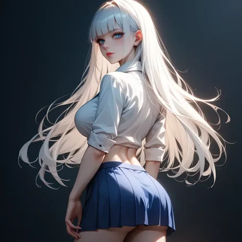 White hair 、 Top Quality、 Masterpiece、( professional lighting )、  surreal、 (Nipples:0.4), is fascinating、 figure like a slender supermodel、 1 girl, (from behind, cowboy shot, looking back), (slightly larger breasts, midriff peek ), ( flat at honny , oily s...