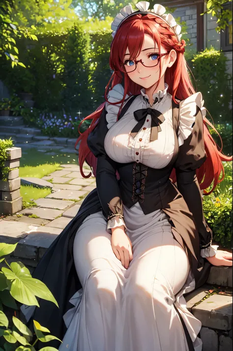 (High quality, High resolution, Fine details), garden, lush foliage, cobblestone path, victorian maid, long skirt, solo, curvy adult women, braided red hair, sparkling eyes, (Detailed eyes:1.2), round glasses, smile, blush, Sweat, Oily skin, natural lighti...