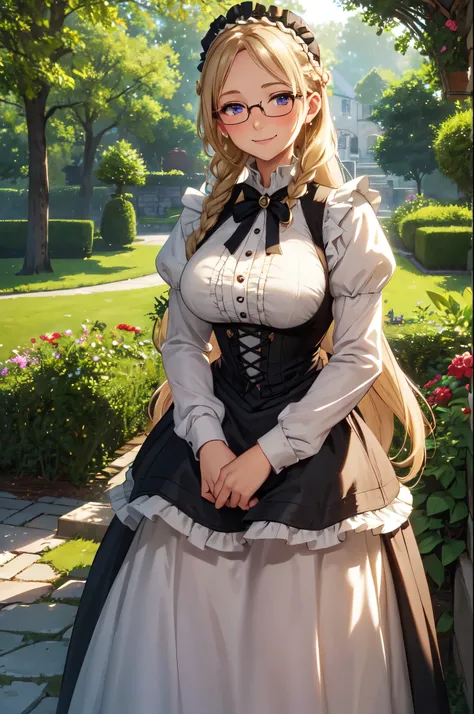 (High quality, High resolution, Fine details), garden, lush foliage, cobblestone path, victorian maid, long skirt, solo, curvy adult women, braided blonde hair, sparkling eyes, (Detailed eyes:1.2), round glasses, smile, blush, Sweat, Oily skin, natural lig...