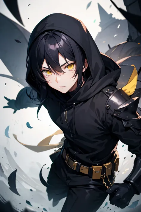 1 anime boy. [male]black hair, yellow eyes, [in light armor: black heels, black shirt, with black hood].(looking at viewer).