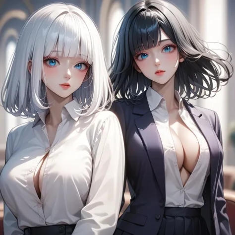 ((  black hair))、(White inner hair ),  highest quality 、  Masterpiece、(  Professional Lighting )、  surreal,  attractive、  shape up  、  one girl , (Anime image of one male character ,  blurry background), ( very big breasts), ( bright,  beautiful blue eyes ...