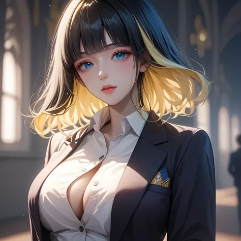 ((  black hair))、(yellow inner hair ),  highest quality 、  Masterpiece、(  Professional Lighting )、  surreal,  attractive、  shape up  、  one girl , (Anime image of one male character ,  blurry background), ( very big breasts), ( bright,  beautiful blue eyes...