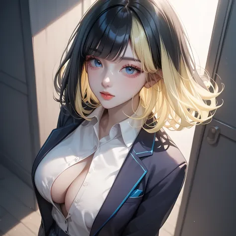 ((  black hair))、(yellow inner hair ),  top quality 、  Masterpiece、(  professional lighting )、  surreal,  attractive、  shape up  、  one girl , (from above, upper body, look at viewer), ( very big breasts), ( bright,  beautiful blue eyes , (( Princess cut, ...