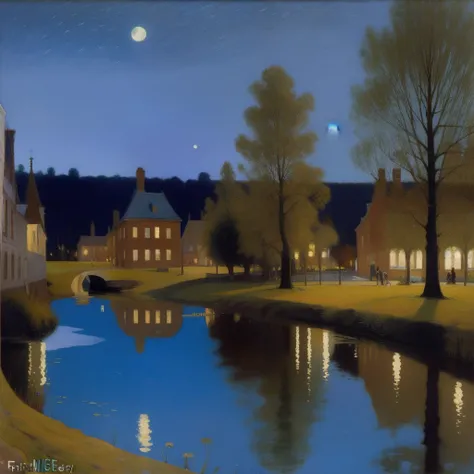 painting of a pond with trees and a building in the background, by Frits Thaulow, by Paul Gustav Fischer, inspired by Frits Thaulow, by Paul Gustave Fischer, blue moonlight, blue night, by Albin Egger-Lienz, blue reflections, soft blue moonlight, perfect c...