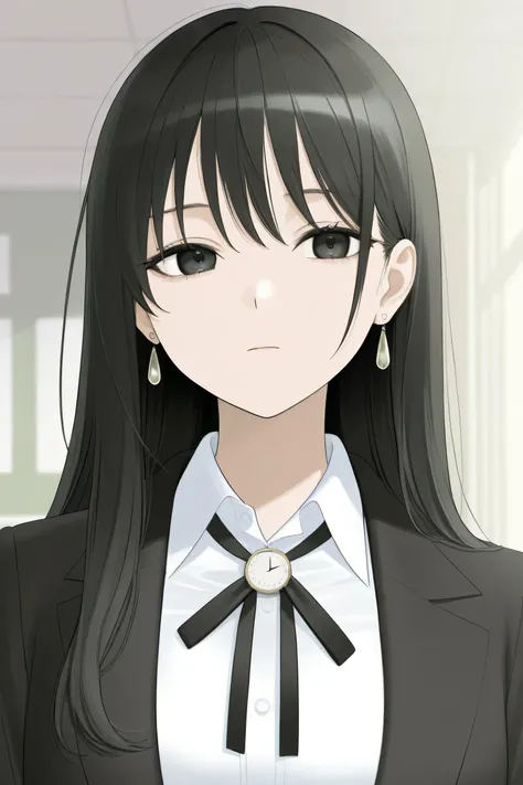 I'm 168 tall. I have long black hair, and I usually wear white shirts, ribbons, and jackets like suits.. She is a beautiful woman with a mature face. The background is a classroom, expressionless . Watch viewers,  earrings, 