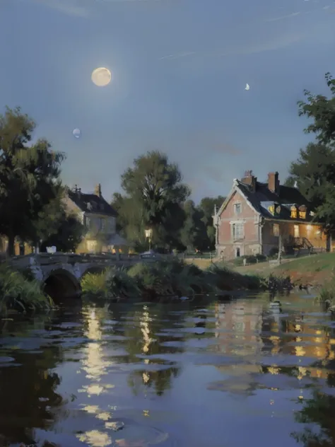 painting of a pond with trees and a building in the background, by Frits Thaulow, by Paul Gustav Fischer, inspired by Frits Thaulow, by Paul Gustave Fischer, blue moonlight, blue night, by Albin Egger-Lienz, blue reflections, soft blue moonlight, perfect c...