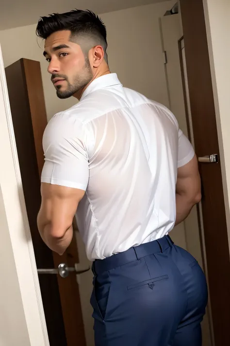 40-year-old boy Japanese muscular male in transparent white formal shirt......... short haired, bearded, wearing navy blue shiny trouser ...........gooning seductive expression.................... dripping on body and pants...................., arching bac...