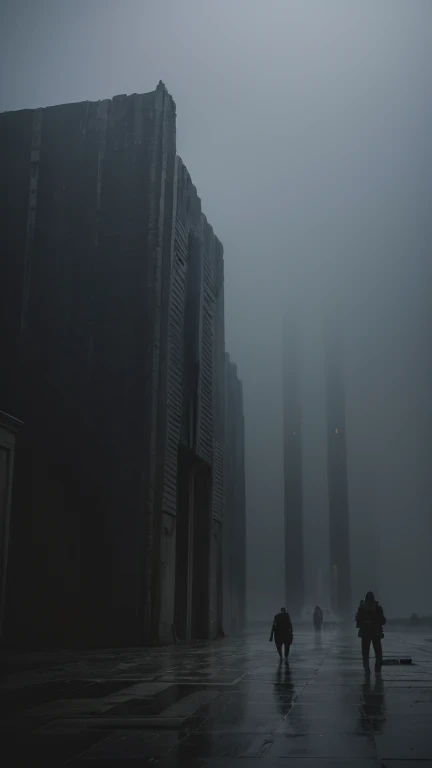  Blade Runner 2049, obra maestra,   brutal ruins of an ancient city ,  apparent concrete architecture , monumental building ,  old buildings ,  old place with darkness on a cloudy day, Gloomy landscape, fog, modern and futuristic buildings , Soviet brutali...