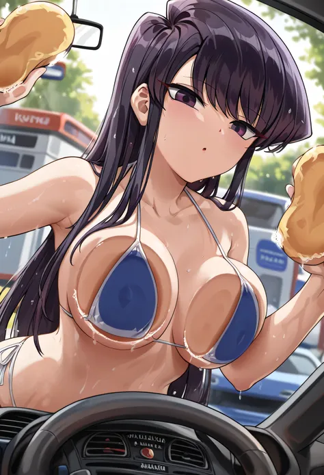 score_9, score_7_up, washing vehicle, breast press, against glass, car interior, sponge, 1girl , steering wheel, Komi Shouko\(Komi Can't Communicate\), bikini, SFW