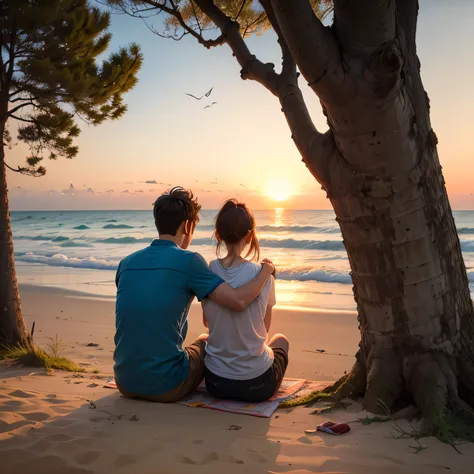 Create a 24 year boy  sit under a tree and a 24 year    girl walking  near a beach, boy sit under a tree at sun set