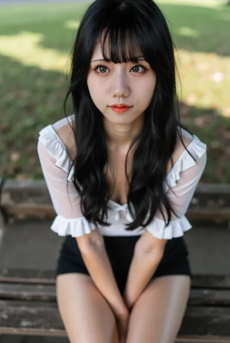  by Nomi photo,  black hair,   beautiful straight hair  ,(Kissing Face:1.4)、 is sitting on a bench、(woman wearing ruffle shirt and black miniskirt:1.4),  young and cute gravure idol,  young gravure idol showing top quality ,   Young, Skinny Gravure Idol  ,...