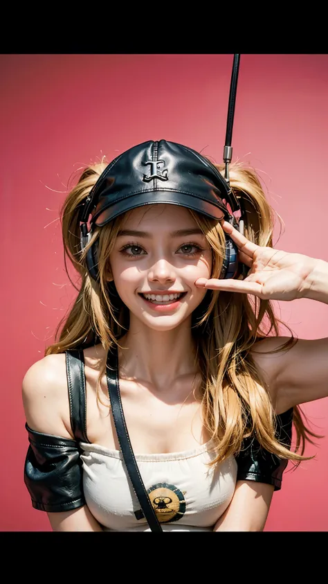   's greatest masterpiece,looks like an adult,  Rock 'n' Roll , headphones with cap,Flash blonde hair , long hair,(( teeth and smile:1,4)), leather off-the-shoulder,4K Hi-Def   ,For sunglasses, In addition to Chupa Chups,