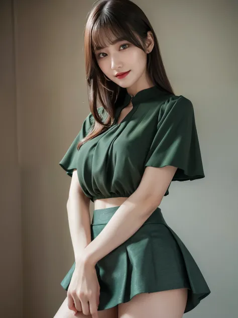 1 girl,(Wearing a dark green short-sleeved camisole blouse with short skirt:1.4),(RAW Photos, highest quality), (realistic, realistic:1.4), Tabletop, Very delicate and beautiful, Very detailed, 2k wallpaper, wonderful, In detail, very detailed CG Unity 8K ...