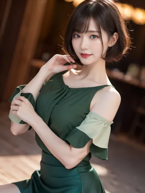 1 girl,(Wearing a dark green short-sleeved camisole blouse with short skirt:1.4),(RAW Photos, highest quality), (realistic, realistic:1.4), Tabletop, Very delicate and beautiful, Very detailed, 2k wallpaper, wonderful, In detail, very detailed CG Unity 8K ...