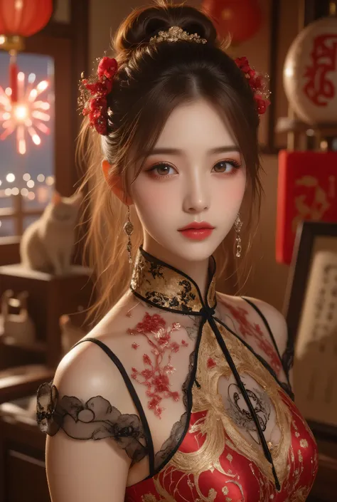 View from front bottom, A close-up, head-and-shoulders portrait of a beautiful Korean idol with fine facial features and a ponytail, wearing a red-black-green-blue-transparent-silver-gold short cheongsam with some black-transparent sections, adorned with i...