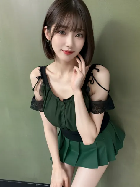 1 girl,(Wearing a dark green short-sleeved camisole blouse with short skirt:1.4),(RAW Photos, highest quality), (realistic, realistic:1.4), Tabletop, Very delicate and beautiful, Very detailed, 2k wallpaper, wonderful, In detail, very detailed CG Unity 8K ...