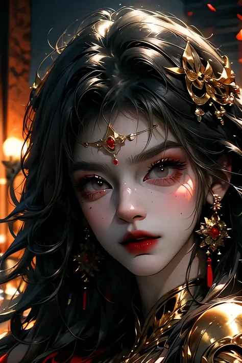 A bold and fierce red makeup look with sharp eyeliner, red smokey eyes, and a glossy crimson lip. Add a touch of gold shimmer for a powerful, warrior-like glow.