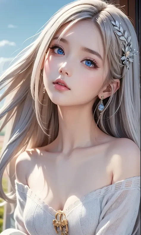 There is a woman in a white dress, artwork in the style of Gwaiz, Gwaiz on pixiv artstation, Gwaiz on artstation pixiv, Gwaiz, Fantasy art style, Gwaiz masterpiece, Beautiful and elegant queen, Beautiful character drawings, Detailed digital anime art, Blon...