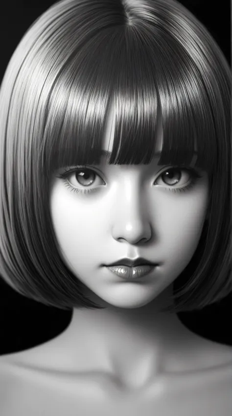 1girl, solo, monochrome, greyscale, bob cut, short hair, portrait, closed mouth, bangs, looking at viewer, blunt bangs, sketch, graphite \(medium\), lips, hatching \(texture\), red lips