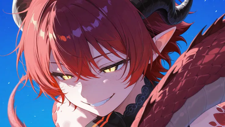 score_9,score_8_up,score_7_up,score_6_up, source_anime, BREAK, solo, solo focus, 1girl, dragon girl, neon colors, shining colors, dragon girl, tail, pointy ears, horns, shining eyes, close up, evil smile, half closed eyes, scales on body, red hair, cyan ey...