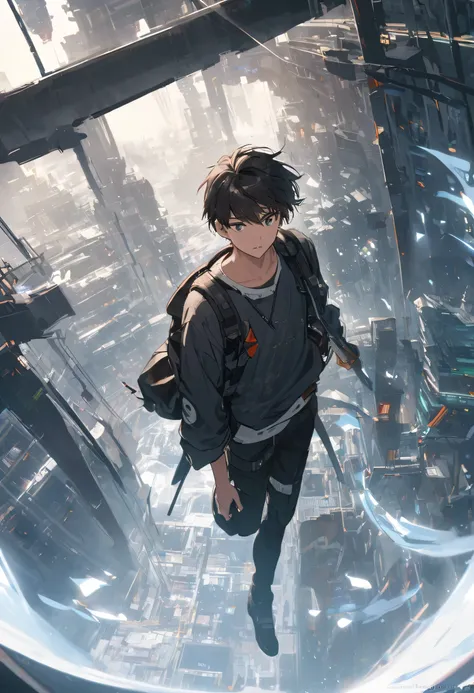 A dark-haired 19-year-old male student , holding a sword while floating. futuristic environment.