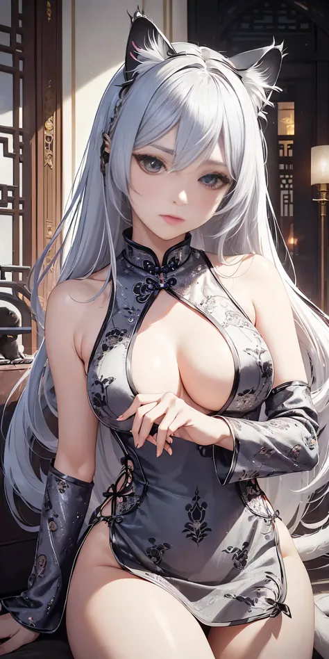 (Excellent work、High quality、8k ),intricate details,look at the special details、1 beautiful fair-skinned woman,(silver hair:1.2),((cat ears:1.3)),long hair,(cheongsam:1.3),thighs thighs thighs 、long eyelashes,(beautiful and delicate eyes),