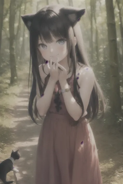  like fur,cute girl, chibi,Cat ears,  black hair,   red dress,Sureles ,  Strapless,midriff, white skin,  purple eyes,  in the woods , Watch Viewers ,smile, closed her mouth,flower,Slightly above ,