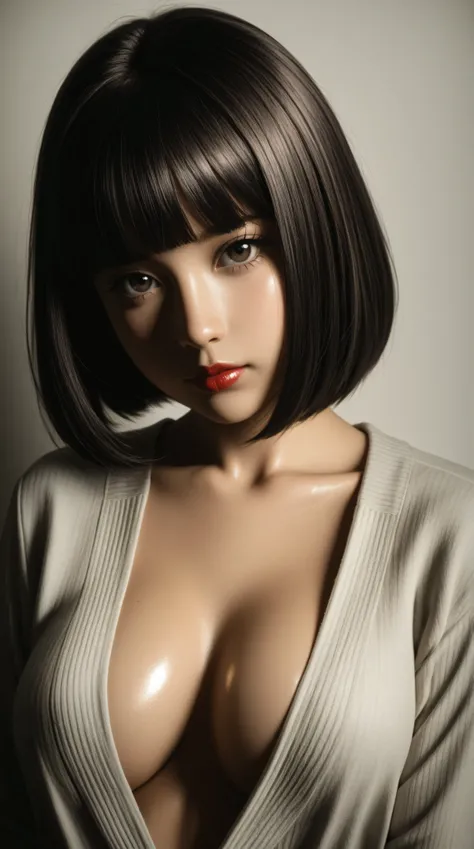 1 young asian girl, solo, bob cut, short hair, portrait, closed mouth, bangs, looking at viewer, blunt bangs, sketch, graphite \(medium\), lips, hatching \(texture\), red lips, shiny skin, perfect breasts, cleavage, plunging neckline, style retro classic, ...