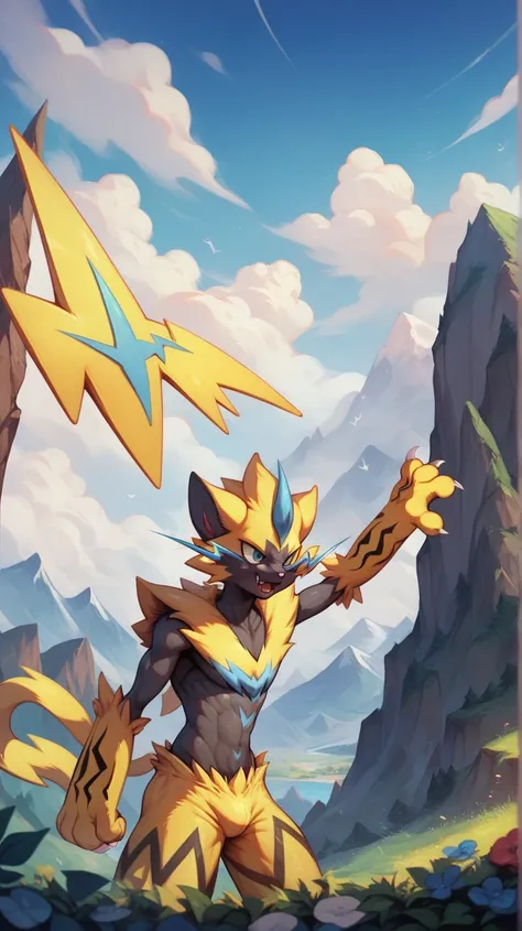   ZERAORA MALE  , World of Day     , mountains,   Sky Blue  ,     white clouds of POKEMON  ,   An aerial combat ,  blue sky,  in a forest, by day, aggressive look