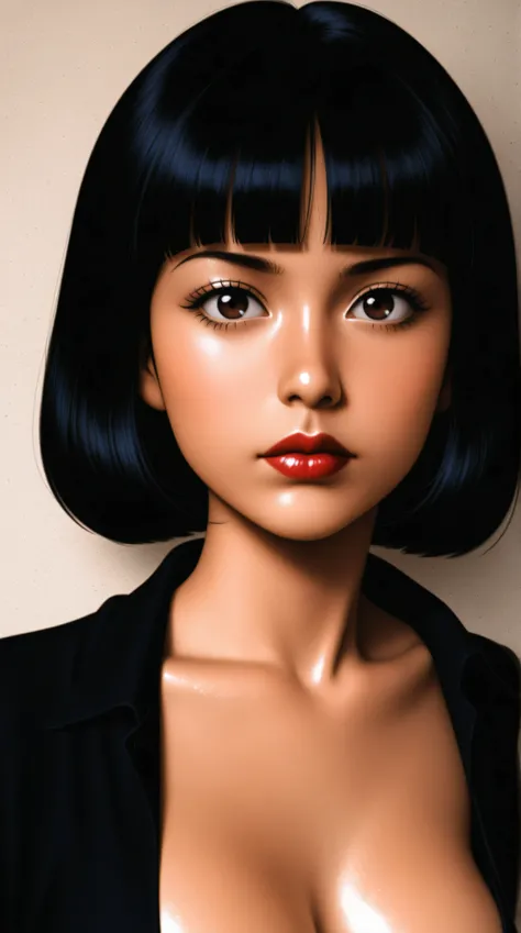 1 young asian girl, solo, bob cut, short hair, portrait, closed mouth, bangs, looking at viewer, blunt bangs, red lips, shiny skin, perfect breasts, cleavage, plunging neckline, style retro classic, illustrated anime, 