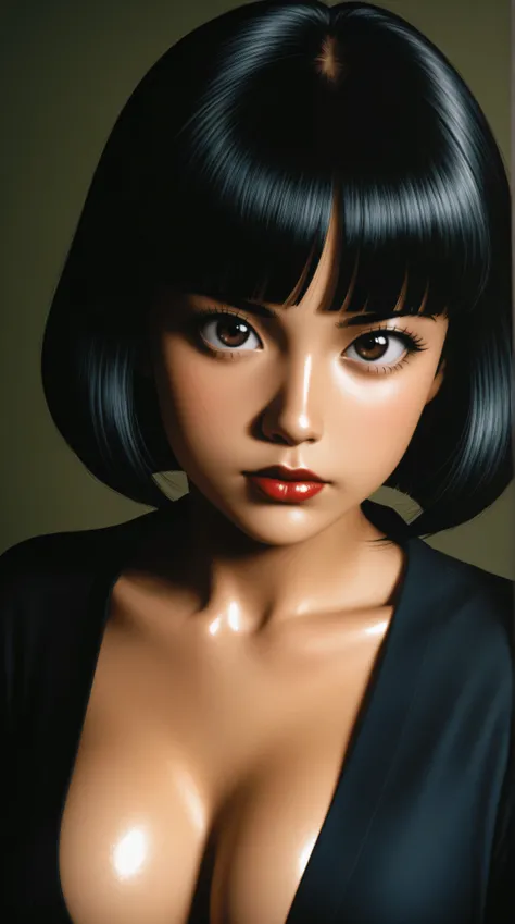 1 young asian girl, solo, bob cut, short hair, portrait, closed mouth, bangs, looking at viewer, blunt bangs, red lips, shiny skin, perfect breasts, cleavage, plunging neckline, style retro classic, illustrated anime, 