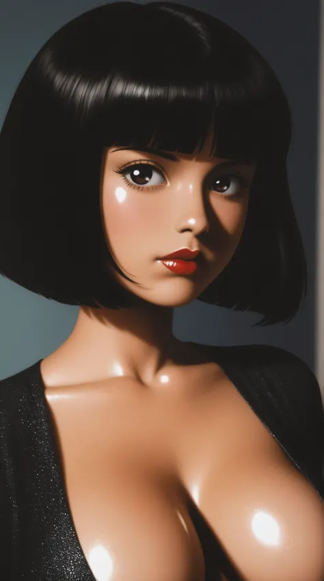 1 young asian girl, solo, bob cut, short hair, portrait, closed mouth, bangs, looking at viewer, blunt bangs, red lips, shiny skin, perfect breasts, cleavage, plunging neckline, style retro classic, illustrated anime, 