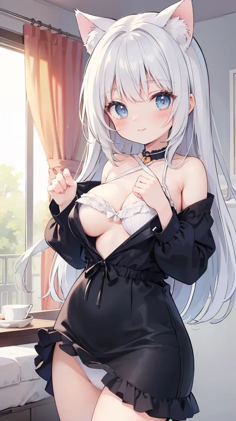 (  Masterpiece  ,      better quality    : 1.4),     detailed background   ,   room,  soft long hair    ,     light blue eyes   ,     cute face ,     shy expression    ,  smile,    casual outfit ,  white panties, bare shoulder .   dynamic angle  ,     Supe...