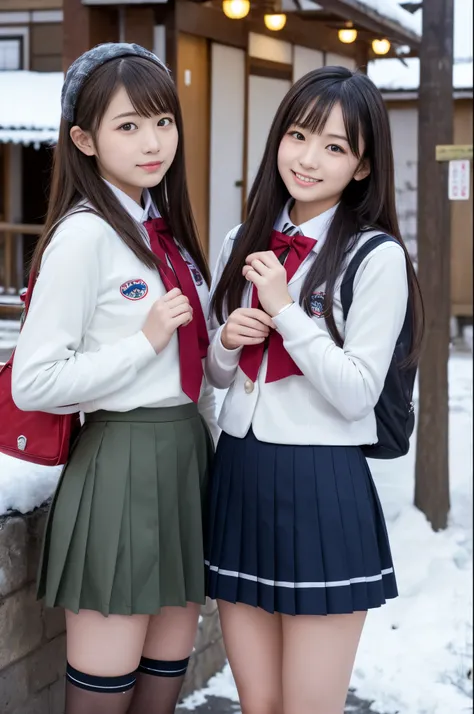 Two girl (Twenty years old, Japanese face) are wearing high school uniforms with mini skirt at snowy town.