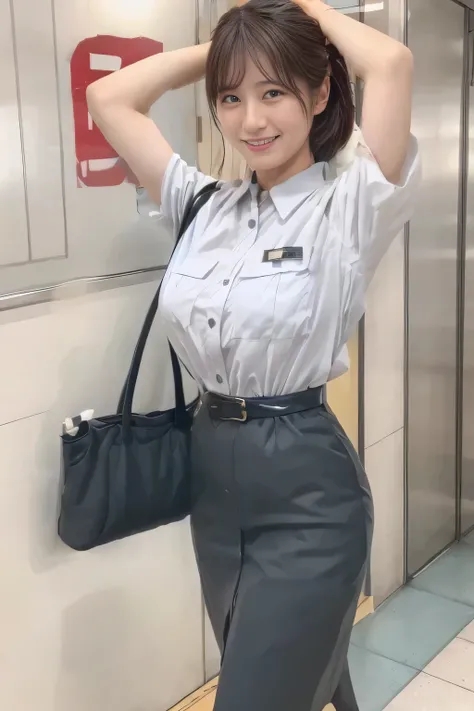 ( Masterpiece:1.2, Top Quality :1.2), 32kHDR, Hi-Res、( Daytime building roof 、 Professional Lighting)、Building rooftop background、( Tokyo subway woman crew uniform )、( Tokyo subway woman crew uniform blouse short sleeve 、 above knee culotte skirt、 ...