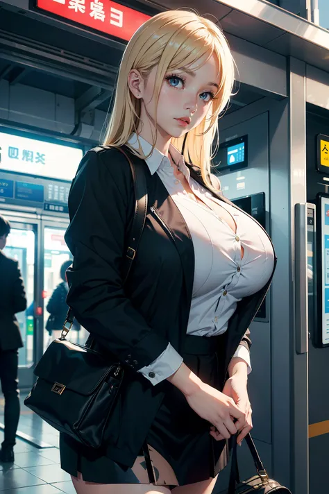 (masterpiece:1.2, Best Quality), (Realistic photos),  beautiful illustrations, (Natural side lighting, Cinema lighting),(1 girl), Japanese, 20-year-old female,  perfect face, Symmetrical cute face,  (Huge breasts:1.2),
 commuters come and go around 、 A wom...