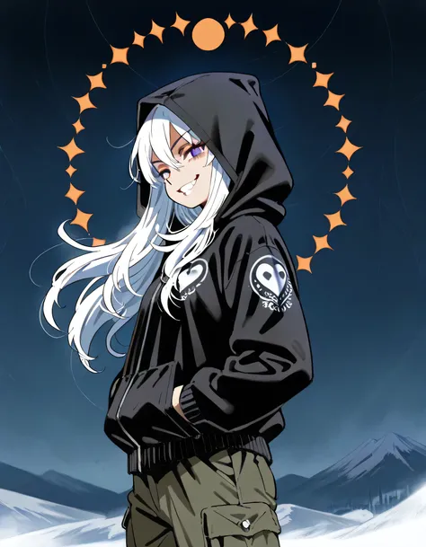 sideview+,solo,female,(evil grin),Change of heart, (white:1.3 frizzy:1.3 curly long hair), black hood parka cargo pants,hood up, pride,A sinister atmosphere, fantastic world view, decadent, kaleidoscope,limited colors,lineart+, by Alphonse Mucha , (manga s...