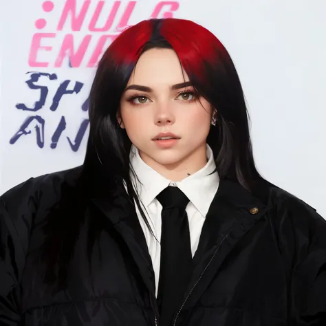 Billie eilish with red and black hair, dressed with spider man suite in red and black colors, full body image with spider man action pose.