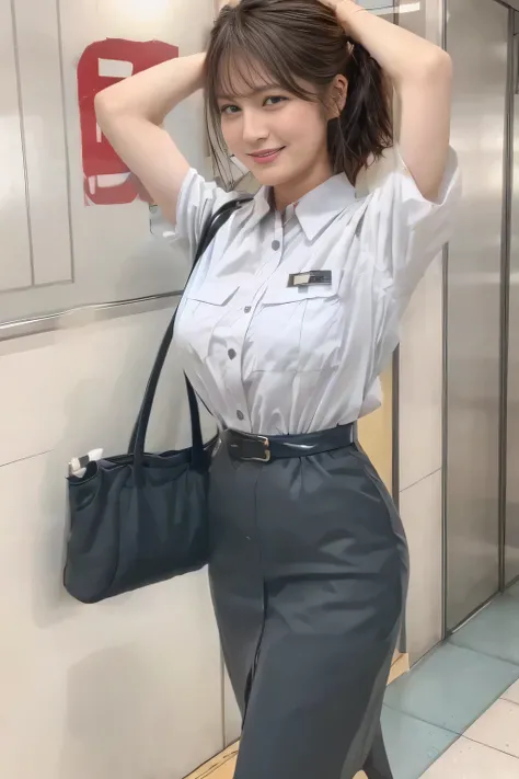 ( Masterpiece:1.2, Top Quality :1.2), 32kHDR, Hi-Res、( Daytime building roof 、 Professional Lighting)、Building rooftop background、( Tokyo subway woman crew uniform )、( Tokyo subway woman crew uniform blouse short sleeve 、 above knee culotte skirt、 ...