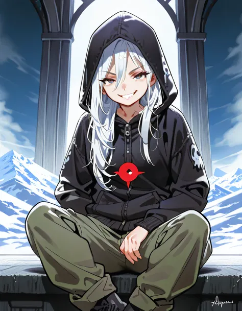 sitting,solo,female,(evil grin),Change of heart, (white:1.3 frizzy:1.3 curly long hair), black hood parka cargo pants,hood up, pride,A sinister atmosphere, fantastic world view, decadent, kaleidoscope,limited colors,lineart+, by Alphonse Mucha , (manga sty...