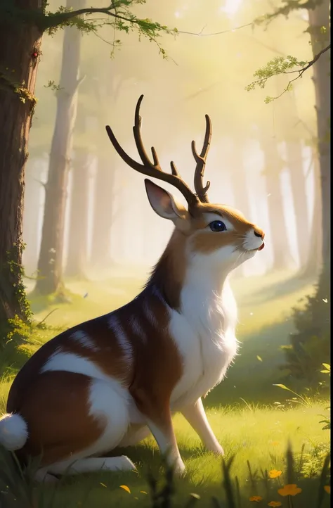 a painting of a rabbit with antlers sitting in a field, gorgeous art, long pointy ears, beautiful art, long ears, award winning creature portrait, anthropomorphic deer, deer ears, rob mcnaughton, cute forest creature, an anthropomorphic deer, wildlife illu...