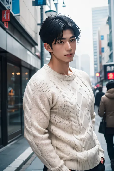  Japanese　 handsome　短い black hair 　　short cropped 　　　 black hair　　Slim figure　　black or white thick sweater for cold snowy days　　Future City Skyscraper 　　　 upper body lift composition where you join arms with the photographer　