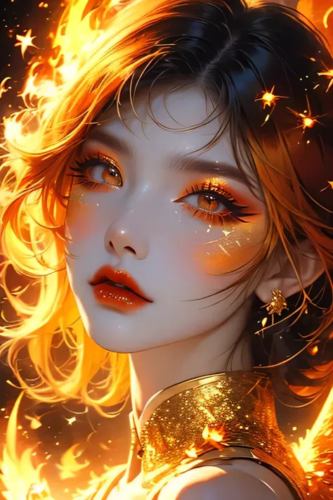 A fierce Aries-inspired makeup look with bold red and fiery orange eyeshadow, dramatic winged eyeliner, and shimmering gold highlighter. The model’s lips are a deep crimson, symbolizing passion and strength. Subtle flame-like patterns are drawn across the ...