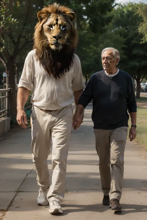 Picture of grandfather walking with huge lion