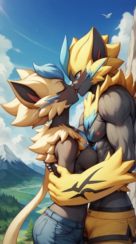   ZERAORA MALE macho , World of Day     , mountains,   Sky Blue  ,     white clouds of POKEMON  ,   An aerial combat ,  blue sky,  in a forest, by day, mirada enloveada., hugging a grown man, love, love, enloveados , Zeraora kissing her lover on the lips