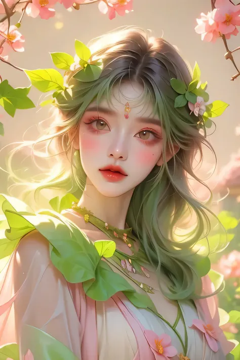 A delicate, nature-inspired Virgo makeup look with soft green, beige, and earthy tones. The eyeshadow is subtle yet enchanting, with floral or vine-like details near the temples. The lips are a soft nude or pastel pink. The background is a mystical garden ...