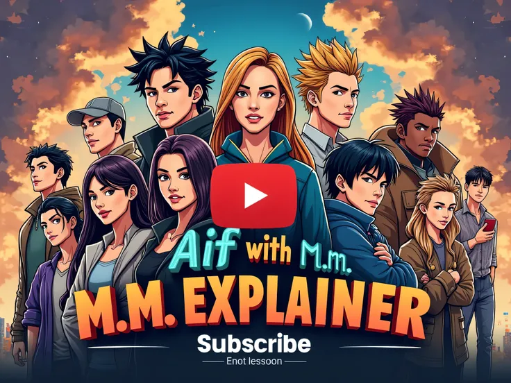 give me a youtube banner which include group manga or manhwa charecters and also include title and subscribe our youtube channel and the title is Alif with M.M. EXPLAINER