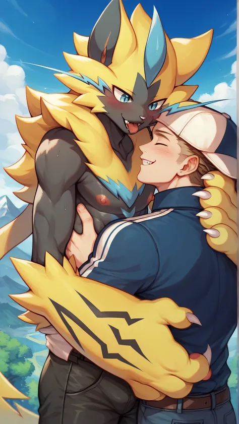   ZERAORA MALE macho , World of Day     , mountains,   Sky Blue  ,     white clouds of POKEMON  ,   An aerial combat ,  blue sky,  in a forest, by day, mirada enloveada., hugging a grown man, love, love, enloveados , Male Zeraora kissing her beloved adult ...