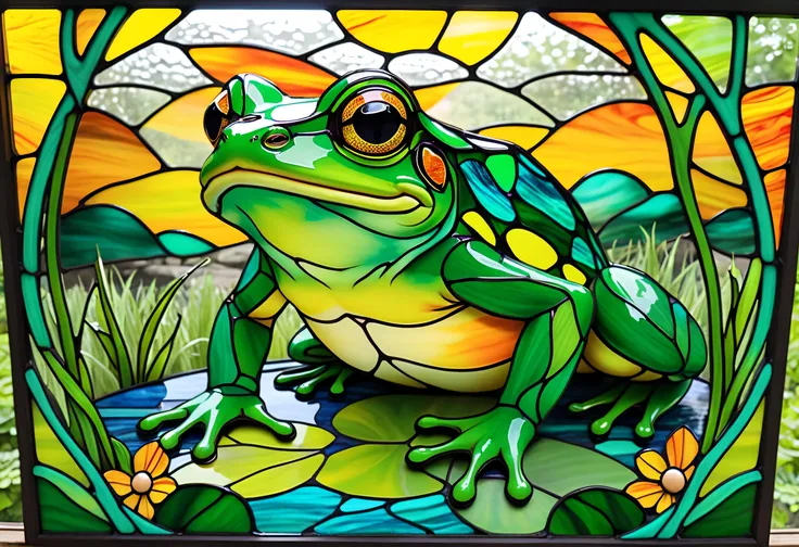 Frog on it,  stained glass  art,  stained glass  style,  stained glass ,  stained glass ,  stained glass !!, Frog themed, psychedelic Frog, Frog,   stained glass , green  stained glass ,   inspired by Pascal Blanchet, Froggy, Frog perspective, 