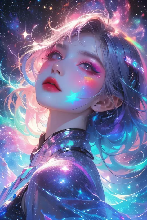 A futuristic Aquarius-inspired makeup look with electric blue, neon purple, and holographic silver highlights. The eyeshadow has a starry, galaxy effect, and the lips shimmer in an iridescent finish. Floating geometric symbols enhance the sci-fi aesthetic....